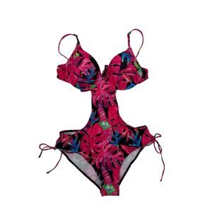 Make Me Chic Women's Medium One Piece Cut Out Bikini Tropical Printed Pink Blue
